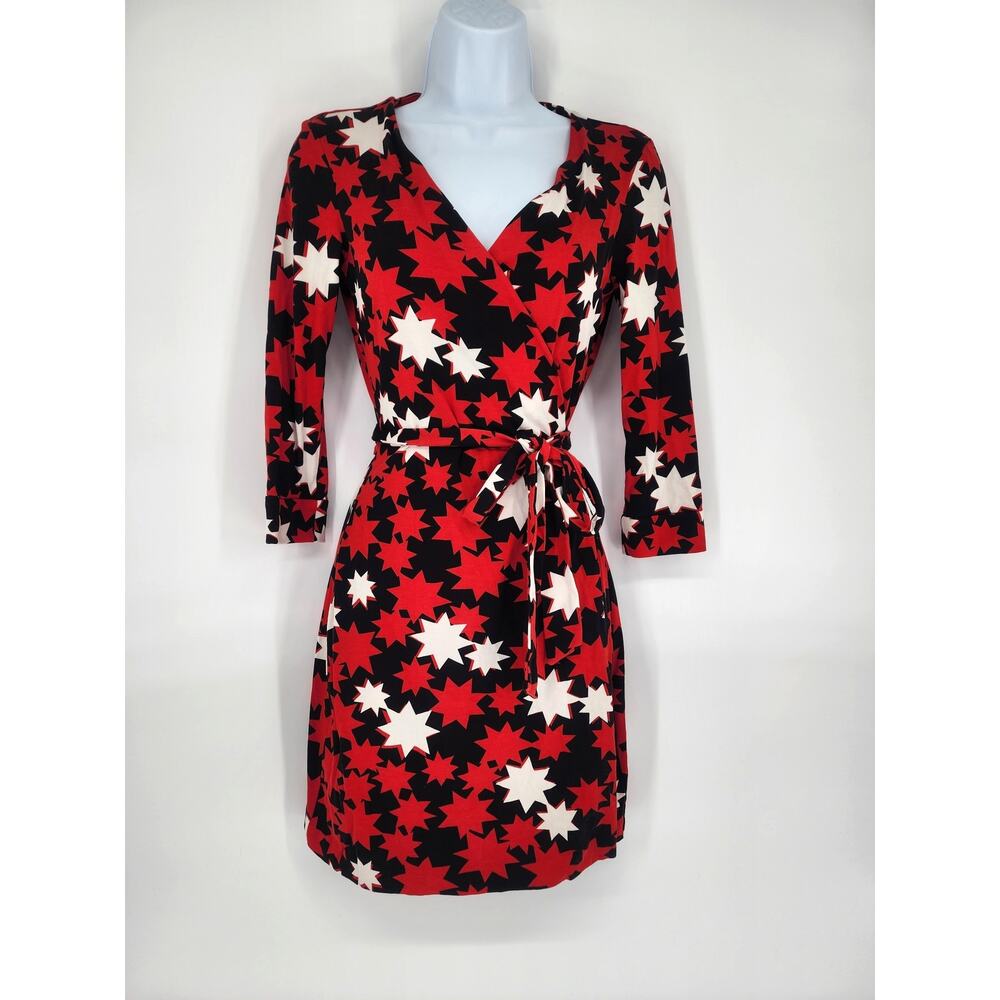 Diane Von Furstenberg Red Black White Star-Print Wrap Midi Dress - Picture 11 of 12